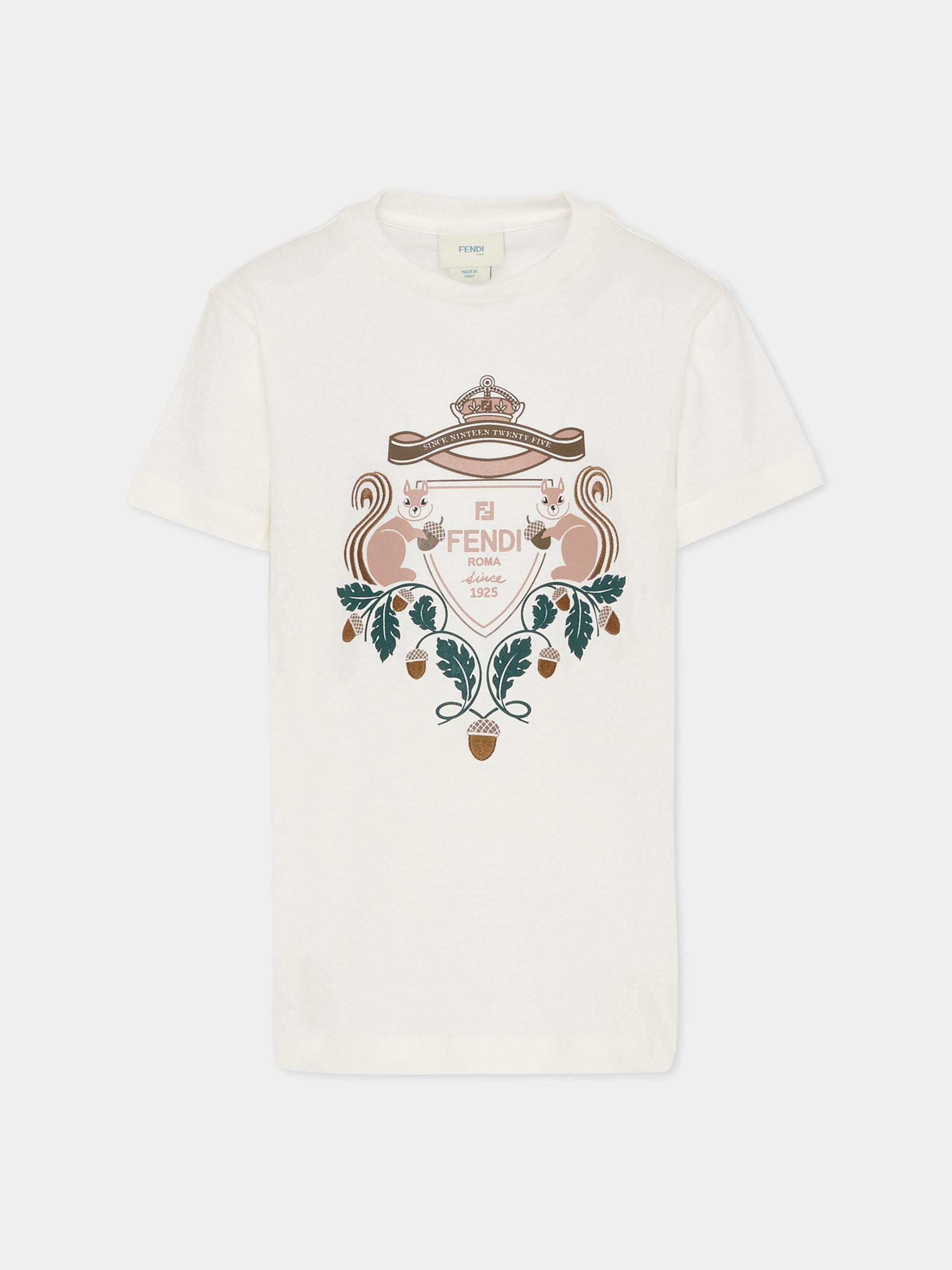 T-shirt bianca per bambini con logo e scoiattolo,Fendi Kids,JMI493 7AJ F0TU9