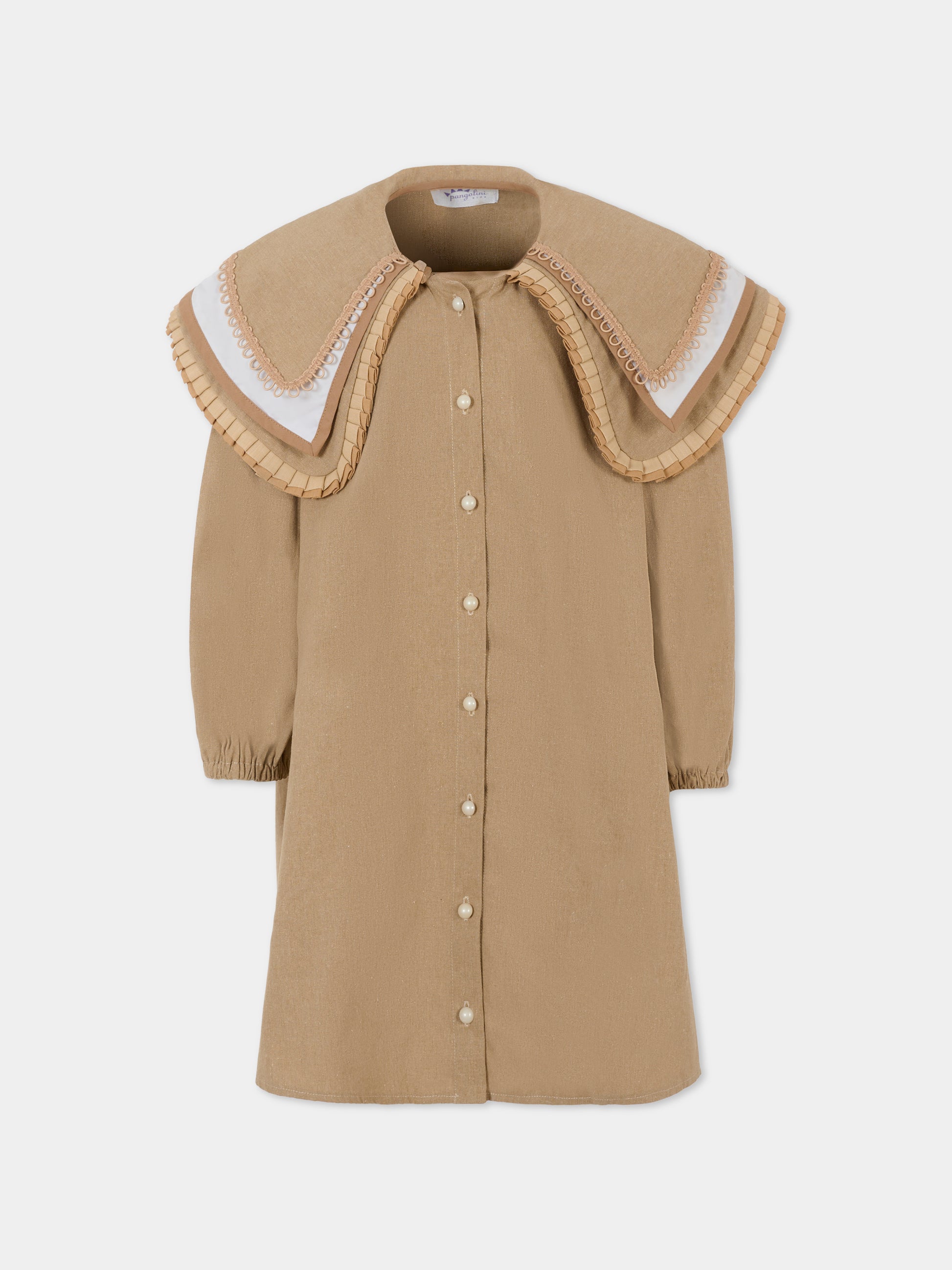 Vestito beige per bambina con ricami,Pangolini Kids,DRESS BEIGE