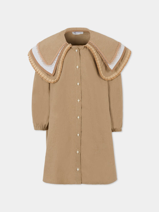 Vestito beige per bambina con ricami,Pangolini Kids,DRESS BEIGE