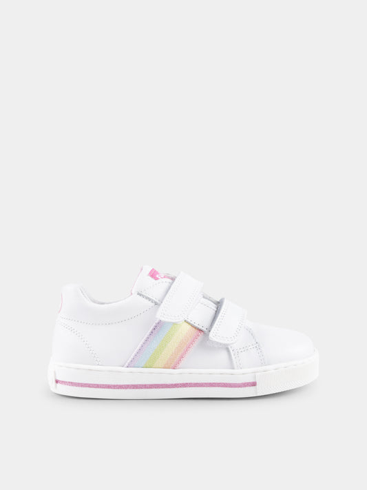 White sneakers for baby girl and girl with rainbow