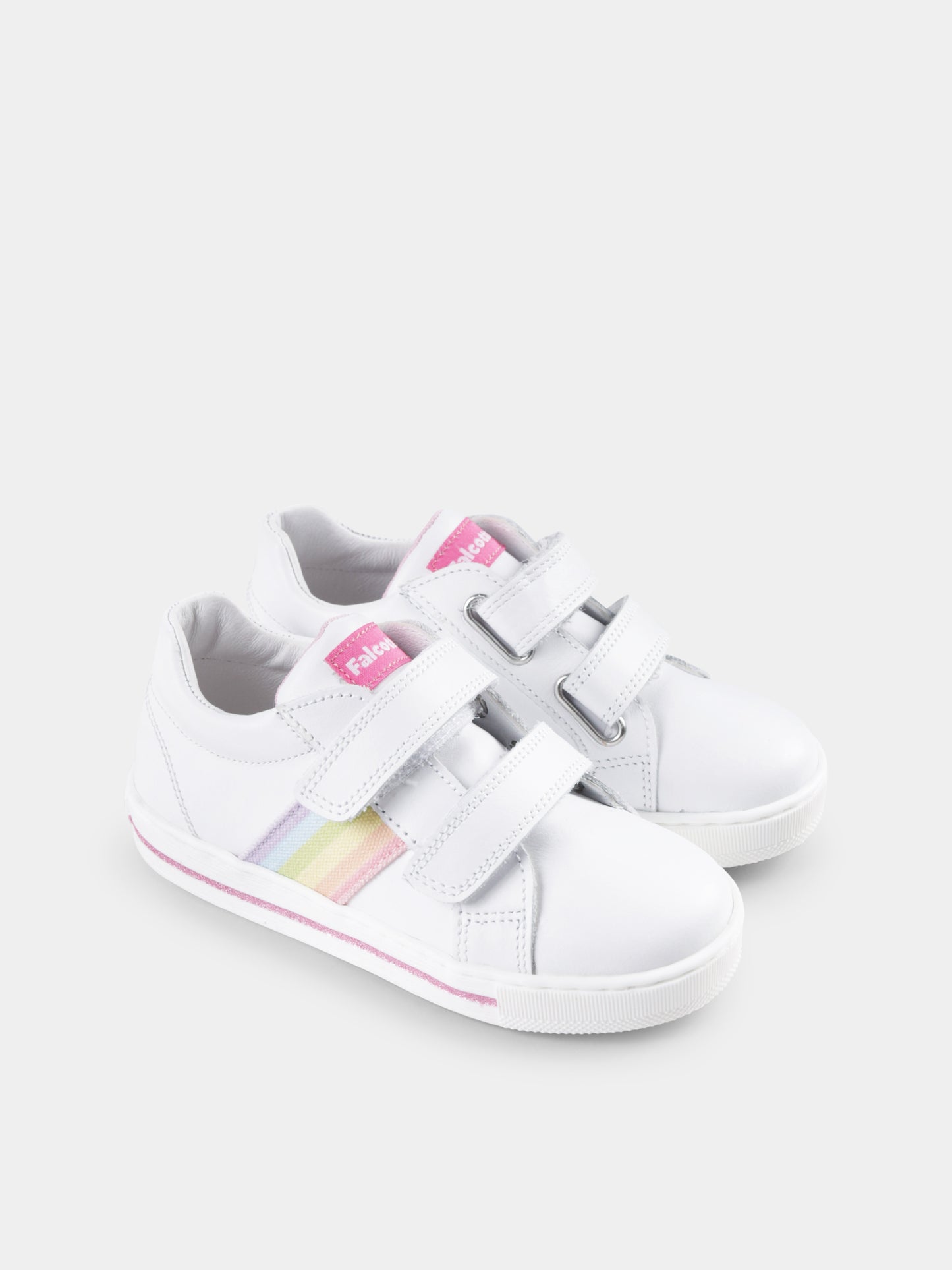 White sneakers for baby girl and girl with rainbow