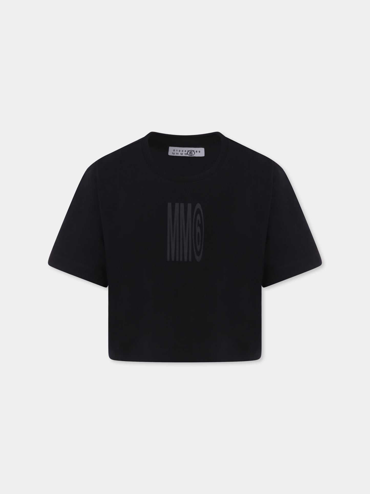 T-shirt crop nera per bambina con logo,Mm6 Maison Margiela,M60806 MM04I M6900