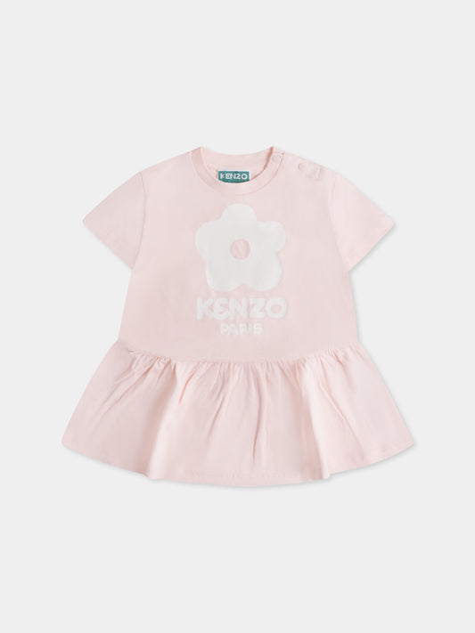 Vestito rosa per neonata con fiore e logo,Kenzo Kids,K60115 46T