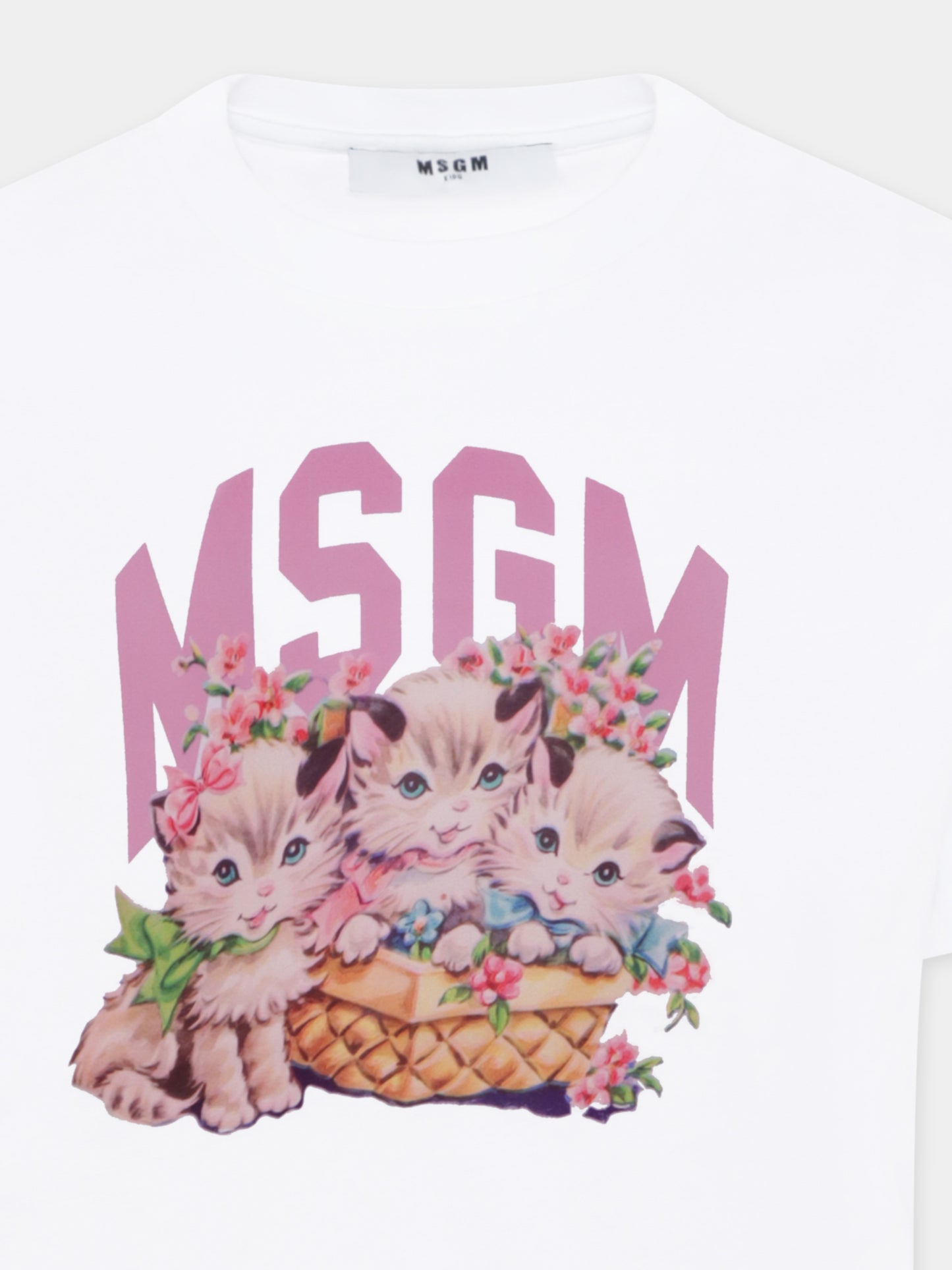 T-shirt bianca per bambina con stampa gatti e  logo,Msgm Kids,S5MSJGTH109 001