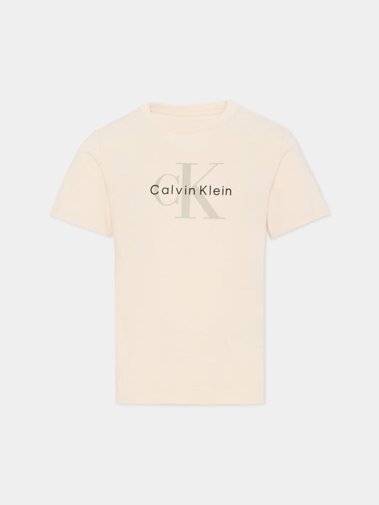 T-shirt beige per bambini con logo,Calvin Klein Kids,IU0IU00715 PGB