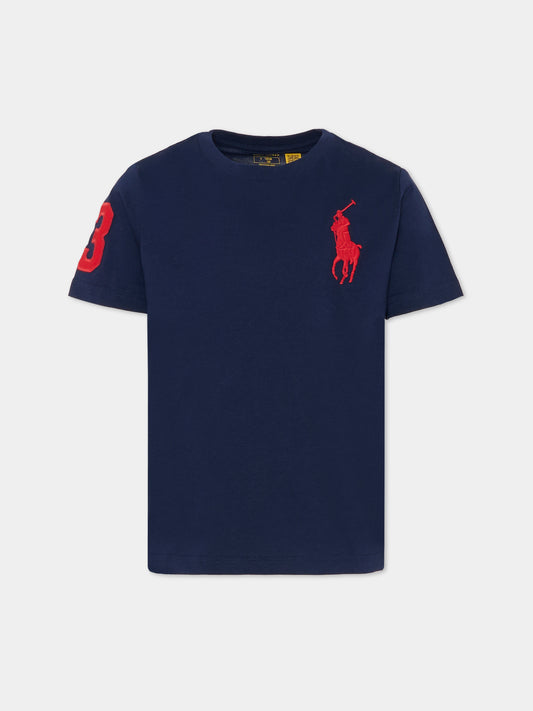 T-shirt blu per bambino con logo rosso,Ralph Lauren Kids,832907039