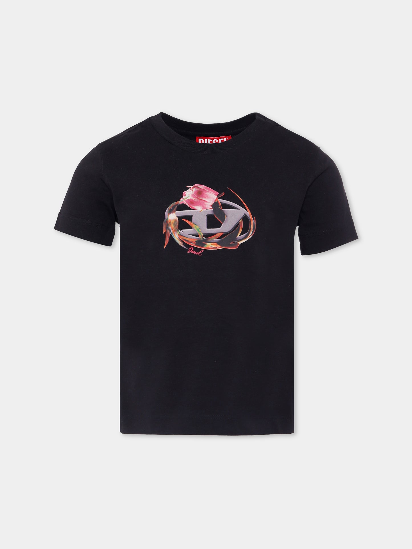T-shirt nera per bambina con logo e stampa rosa,Diesel,J01978 0CATM K900