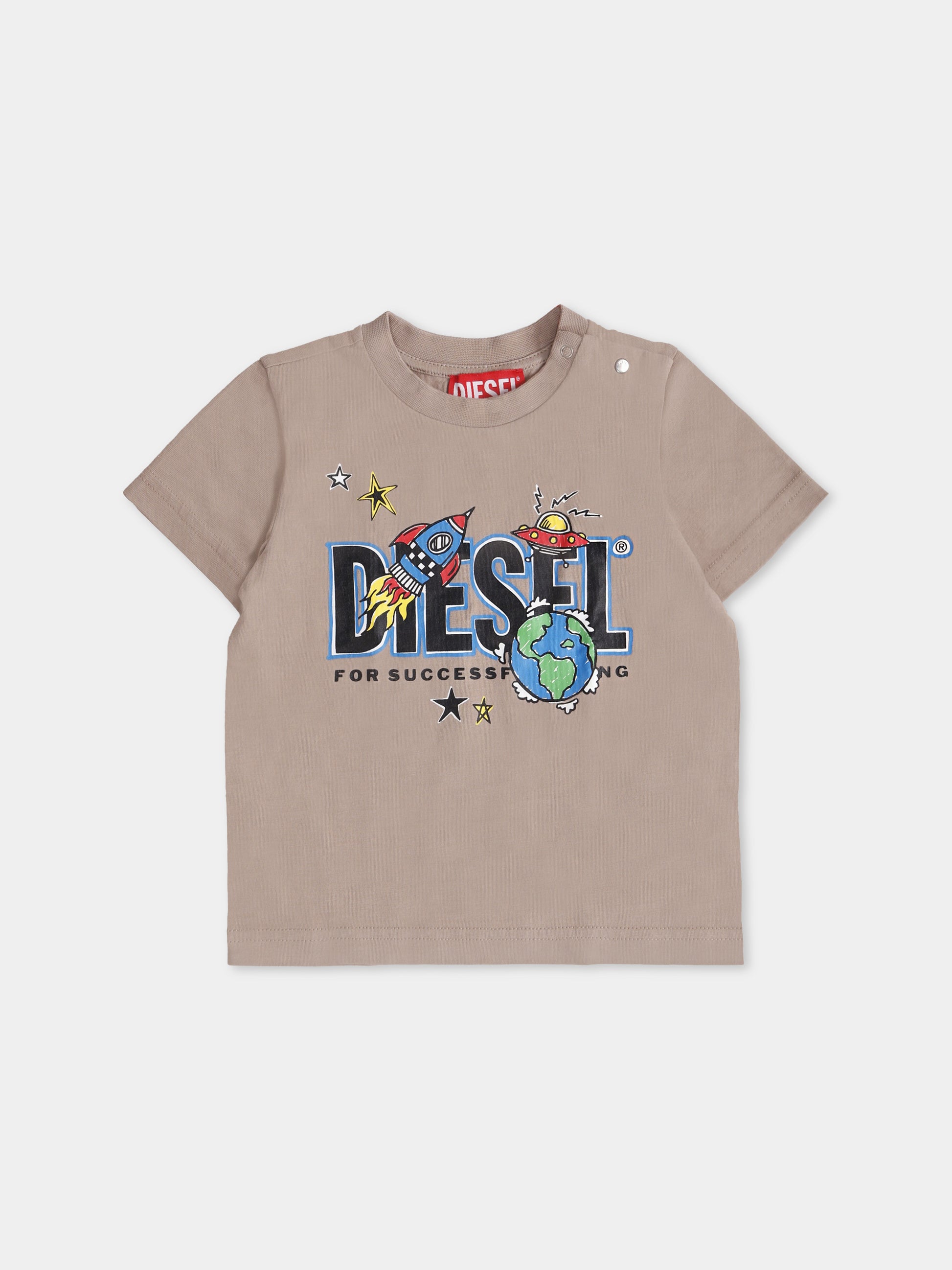 T-shirt beige per neonato con stampa spazio e logo,Diesel,K00575 KYAYS K758