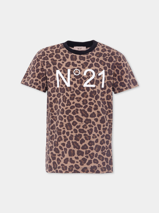 T-shirt marrone per bambina con stampa maculata,N°21 Kids,N21A20 N0362 0N717
