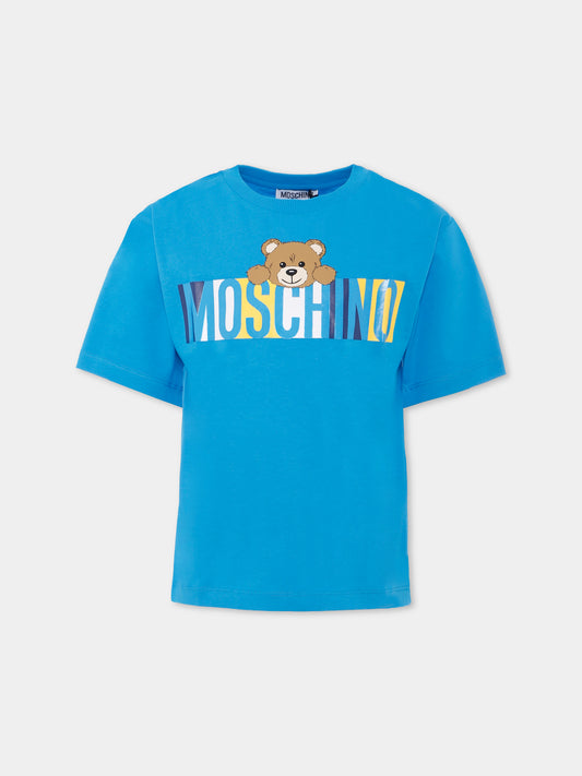 T-shirt azzurra per bambino con Teddy Bear e logo,Moschino Kids,HMM050 LAA02 41047