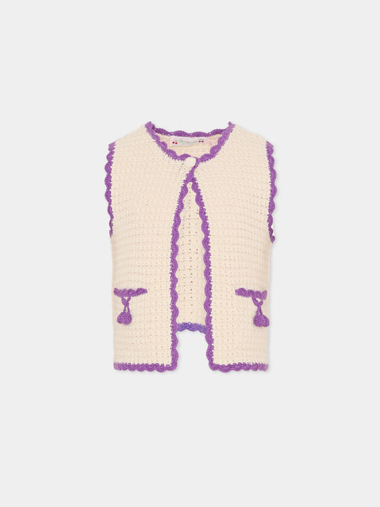 Maglia gilet beige per bambina con ciliegie,Bonpoint,C06GCAK00005 003