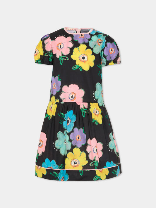 Vestito nero per bambina con stampa fiori,Marni Kids,M01668 M00WC 0M900