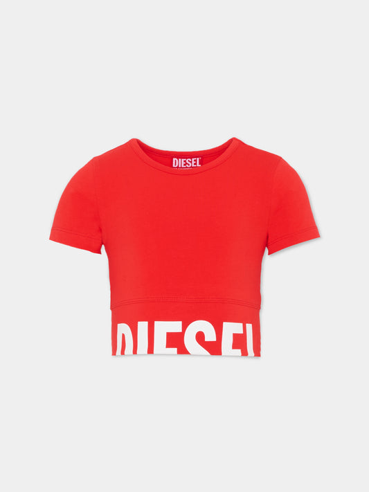 T-shirt crop rossa per bambina con logo,Diesel,J02581 KYA0L K405