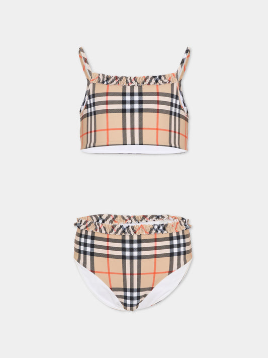 Bikini beige per bambina con check vintage,Burberry Kids,8117156 B9368