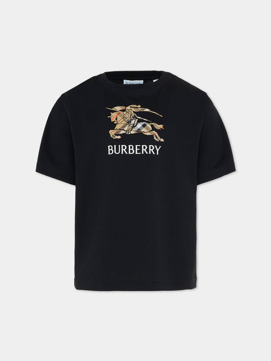 T-shirt nera per bambini con cavaliere equestre,Burberry Kids,8117292 A1189