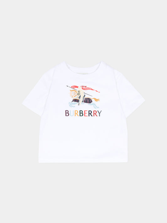 T-shirt bianca per neonati con cavaliere equestre multicolor,Burberry Kids,8121196 A1464
