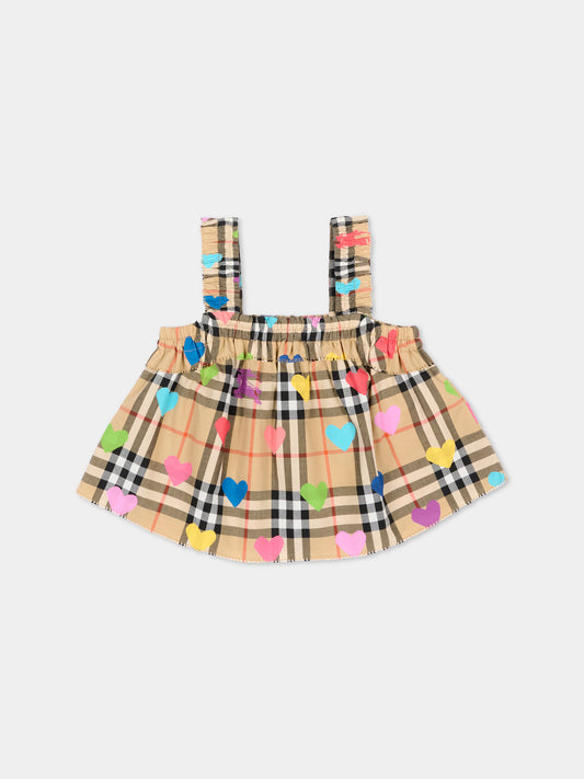 Top beige Vintage Check cuori per neonata,Burberry Kids,8121305 A8972