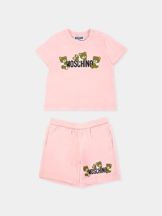 Completo rosa per neonata con Teddy Bears,Moschino Kids,MZG00M LAA03 50209