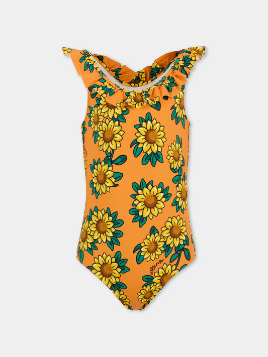 Costume intero arancione per bambina con stampa girasole,Kenzo Kids,K60983 423