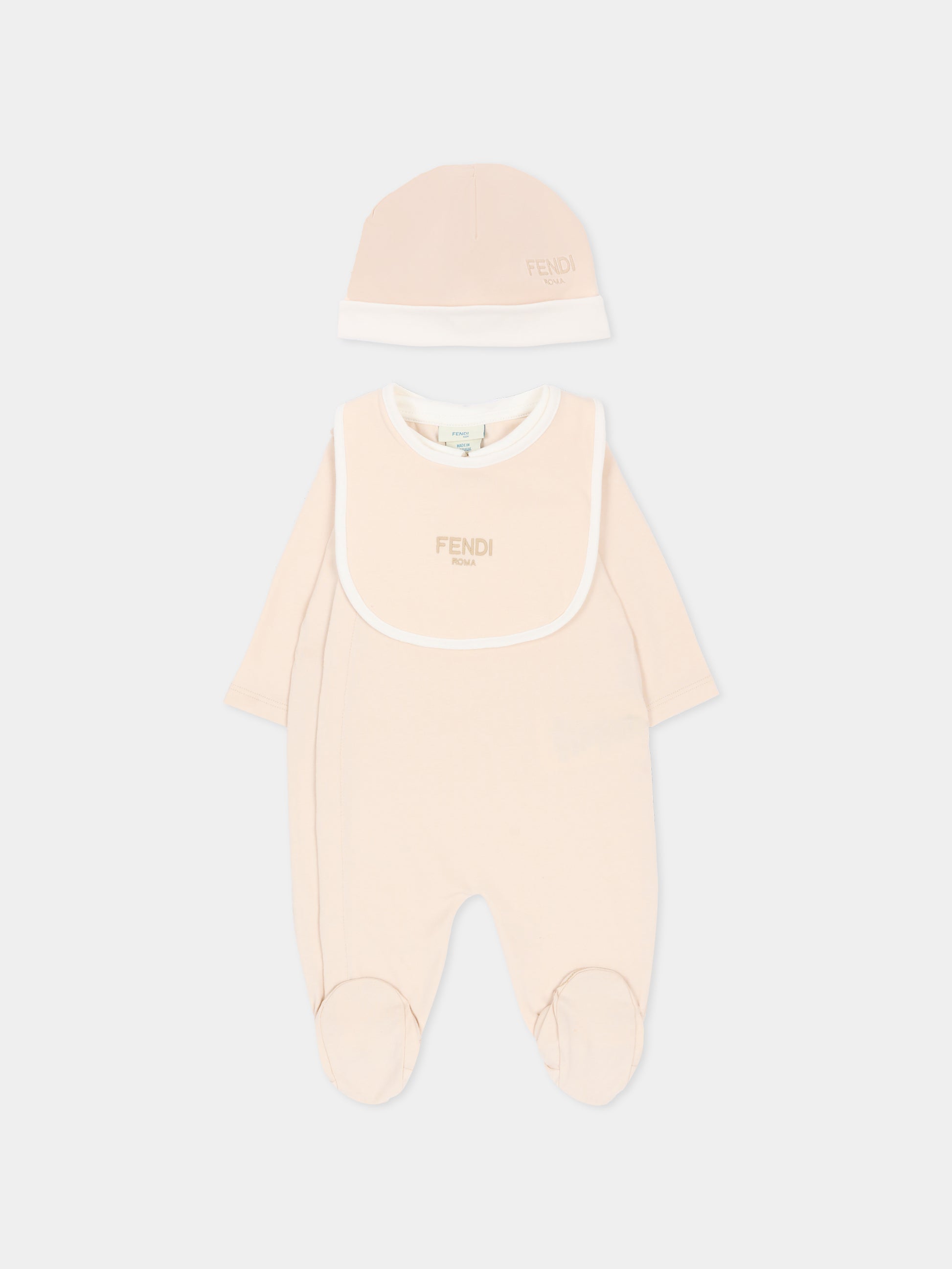 Set tutina beige per neonati con logo ricamato,Fendi Kids,BUK154 ST8 F19J5