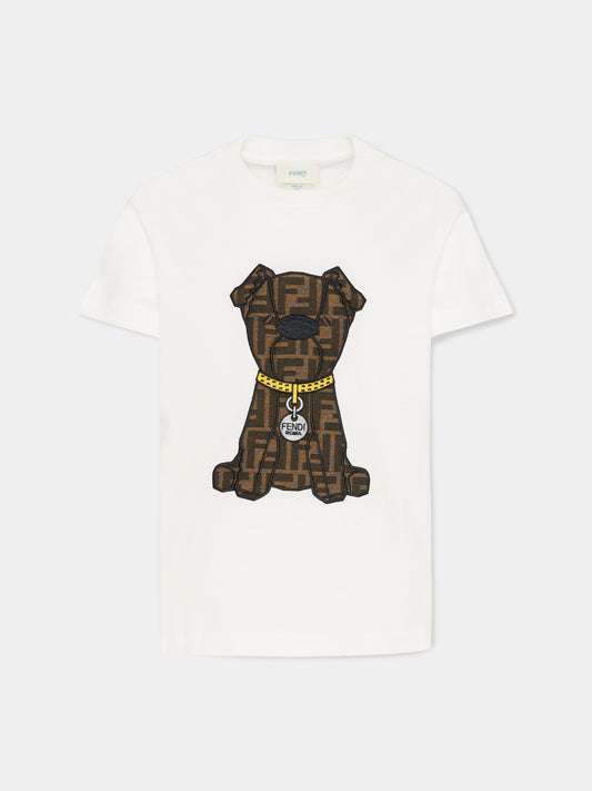 T-shirt avorio per bambini con cane Fendi,Fendi Kids,JMI503 7AJ F0TU9