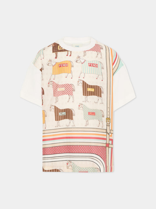 T-shirt avorio per bambino con stampa equestre,Fendi Kids,JMI497 AVVY F0T9H