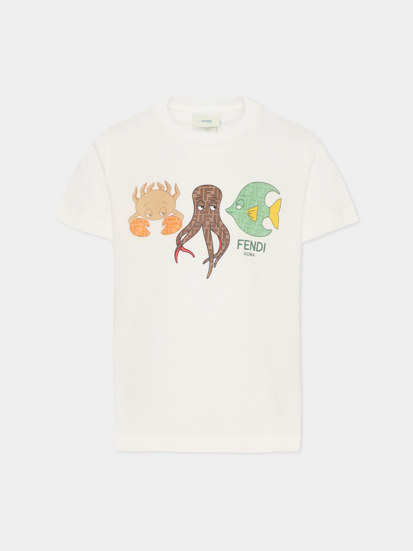 T-shirt avorio per bambino con polpo e FF,Fendi Kids,JMI505 7AJ F0TU9