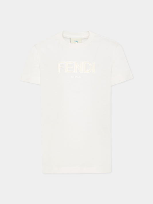 T-shirt avorio per bambini con logo,Fendi Kids,JUI202 7AJ F0TU9