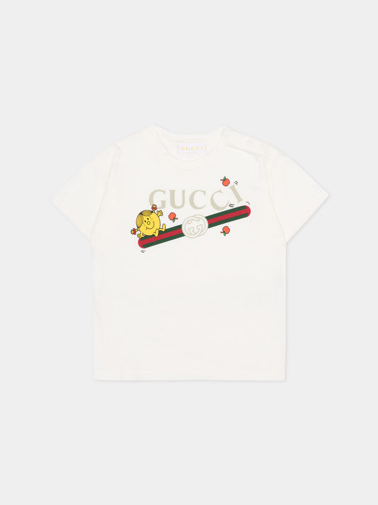 T-shirt bianca per neonata con logo e Mr Happy,Gucci Kids,851411 XJHRN 9214