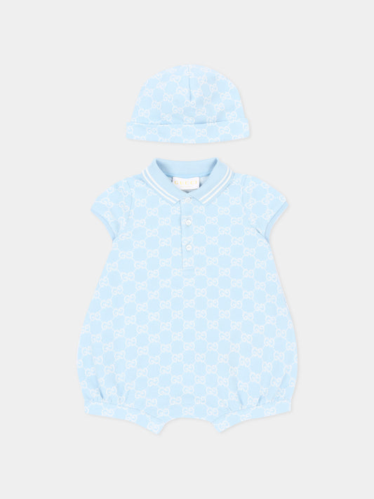 Pagliaccetto celeste per neonato con monogram,Gucci Kids,849683 XJHBA 4914