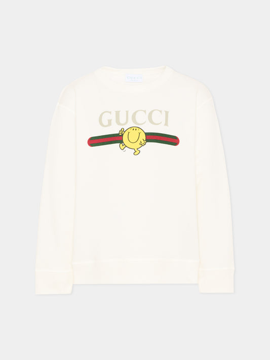 Felpa bianca per bambini con logo e Mr. Happy,Gucci Kids,855825 XJHPV 9214