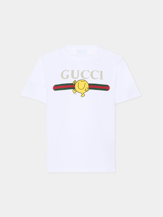 T-shirt bianca per bambini con logo e Mr Happy,Gucci Kids,575114 XJHPS 9320
