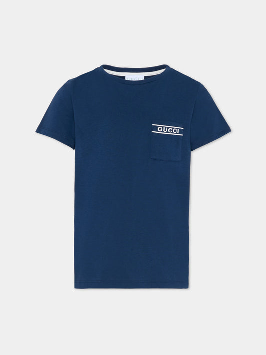 T-shirt blu per bambino con logo,Gucci Kids,849686 XJHNU 4087
