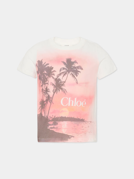T-shirt avorio per bambina con palme,Chloé Kids,C20855 46J