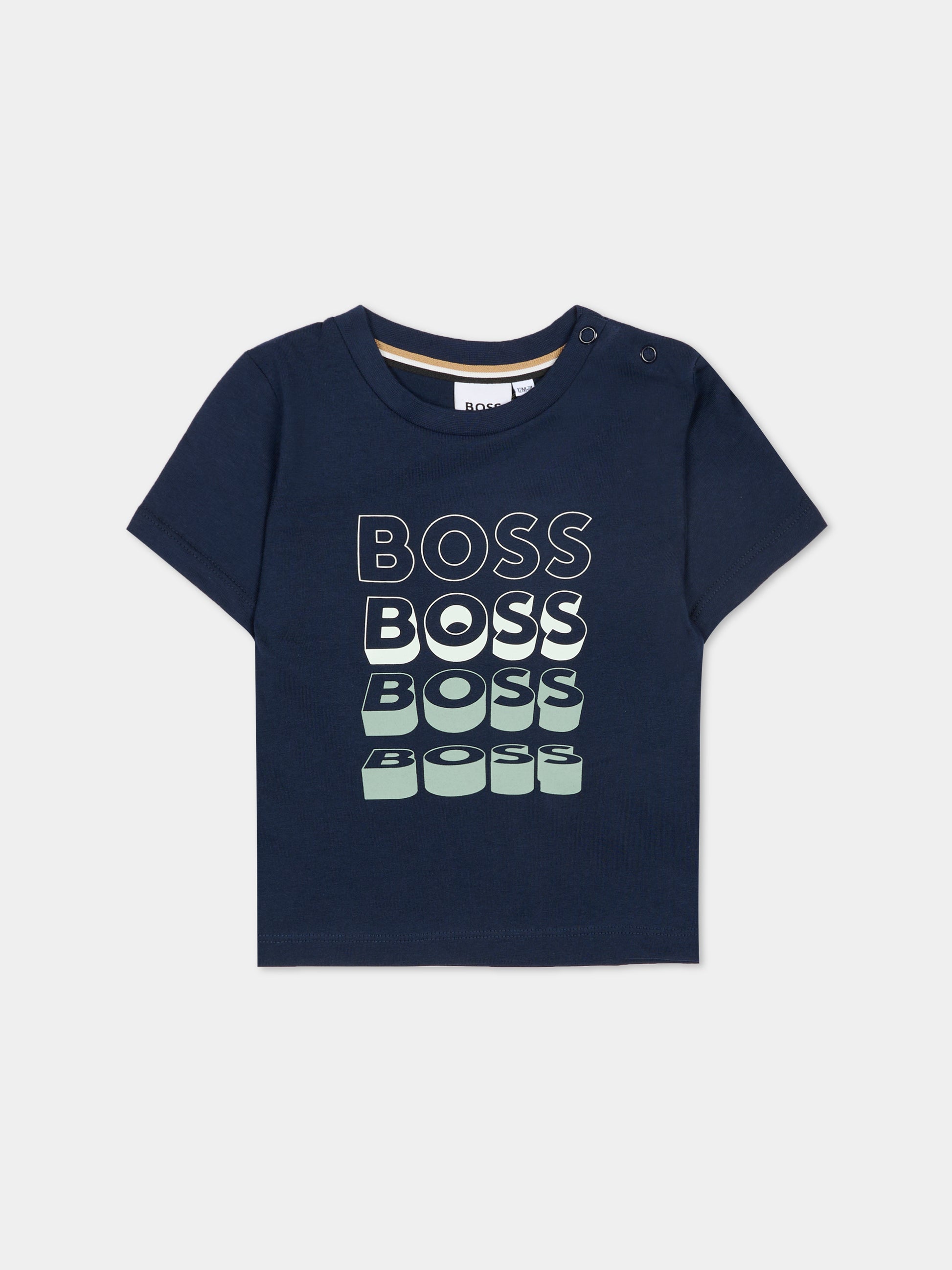 T-shirt blu per neonato con loghi,Boss,J52889 849