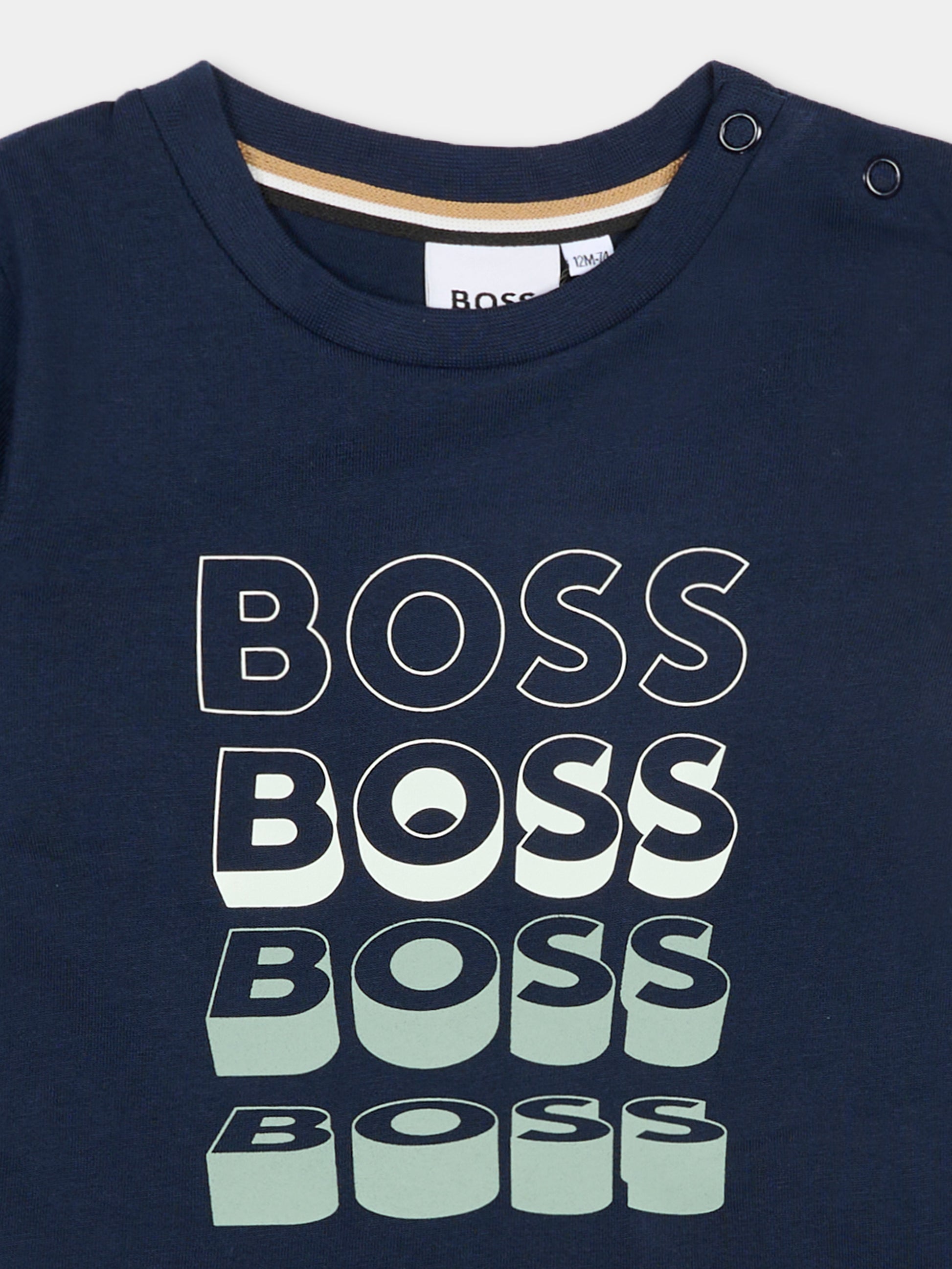 T-shirt blu per neonato con loghi,Boss,J52889 849