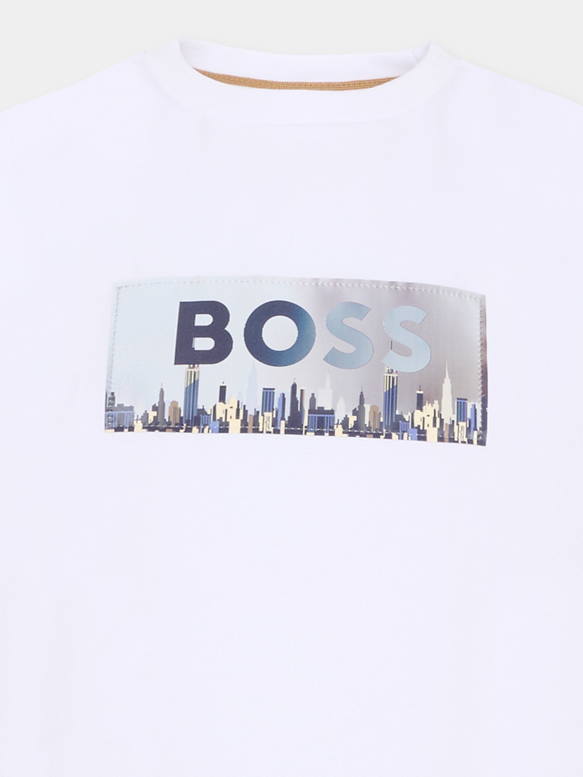 T-shirt bianca per bambino con logo e grattacieli,Boss,J52989 10P