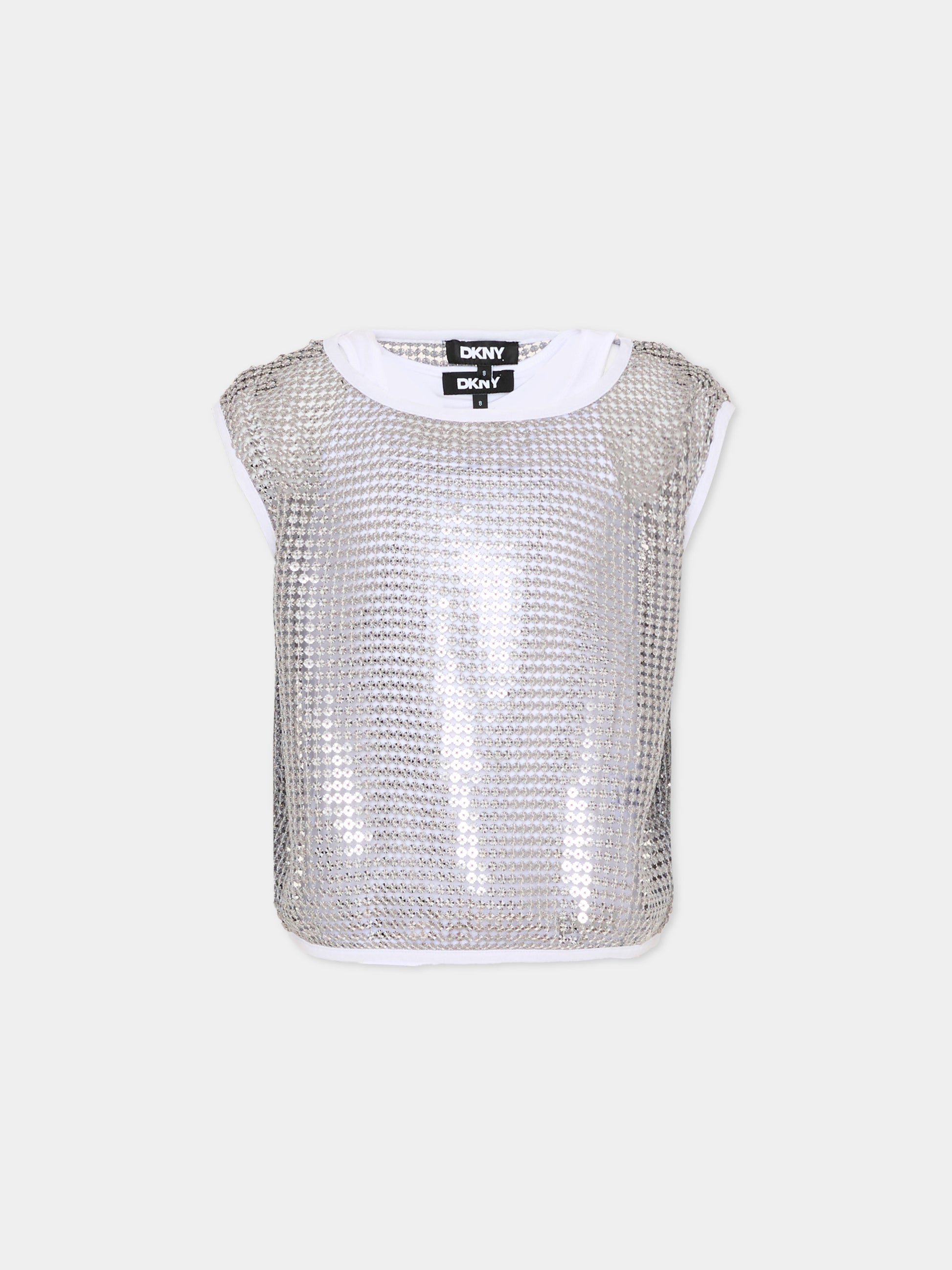 Top argento per bambina traforato con paillettes,Dkny,D62618 016