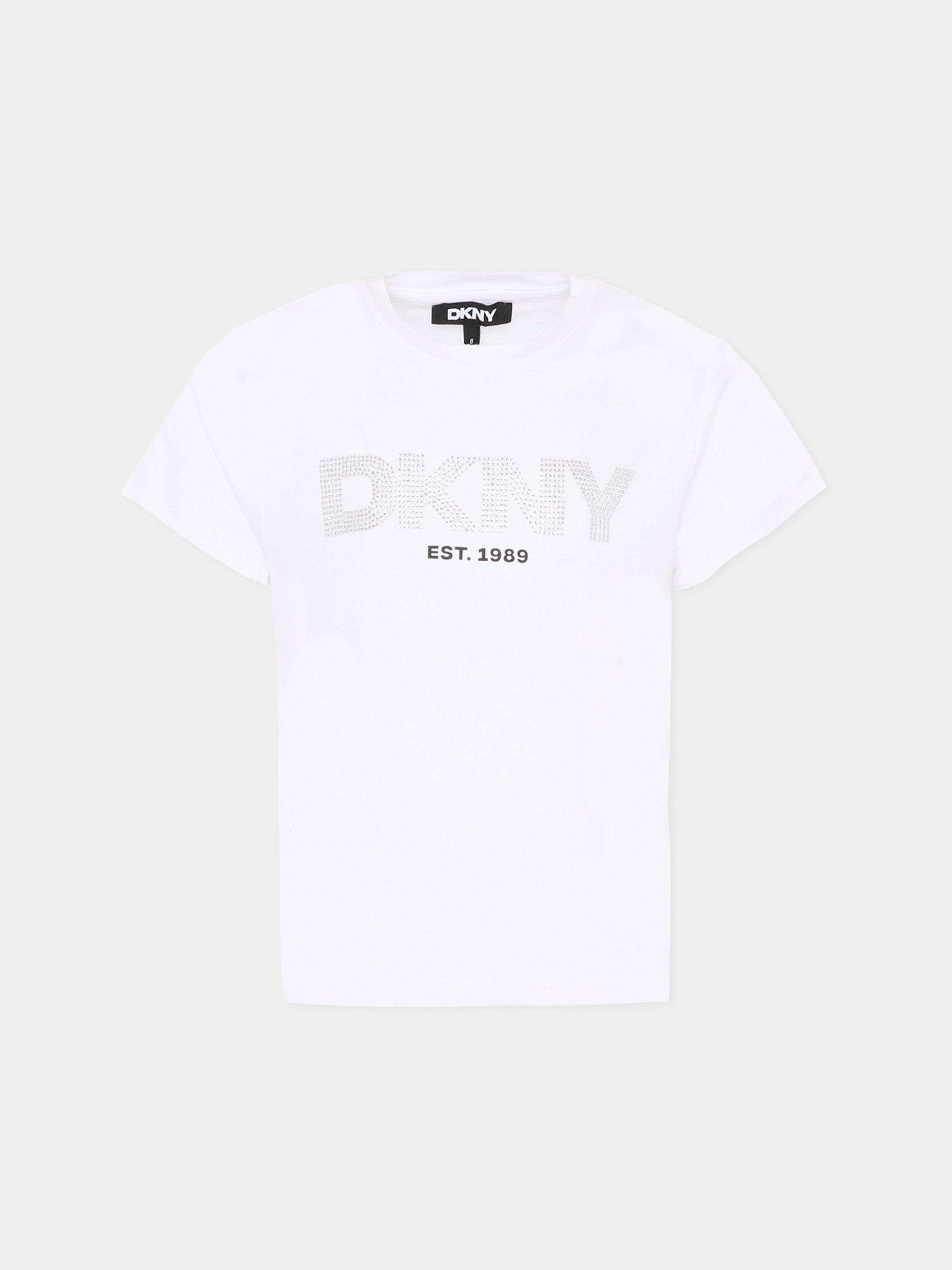 T-Shirt bianca per bambina con logo,Dkny,D62619 10P