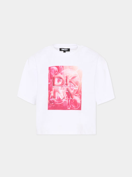 T-Shirt bianca per bambina con logo,Dkny,D62621 N54