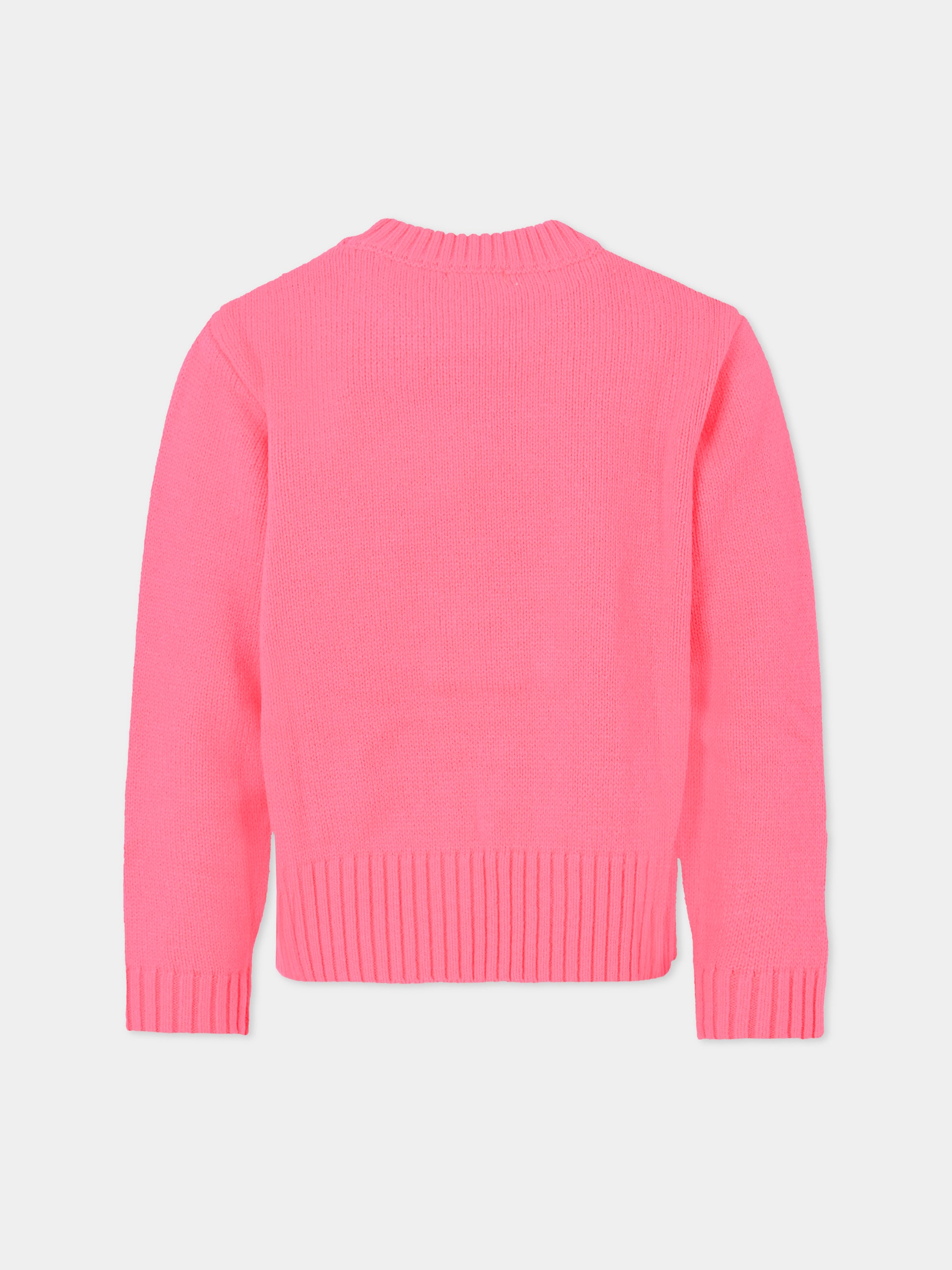 Maglione rosa fluo per bambina con ricamo e pietre,Billieblush,U20462 47A