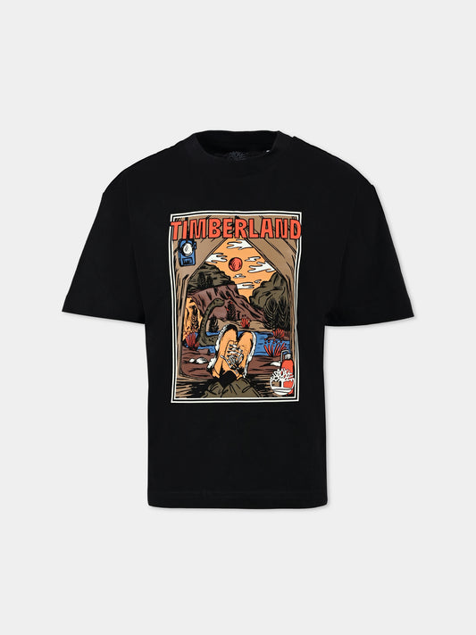 T-shirt nera per bambino con stampa paesaggio,Timberland,T60297 09B