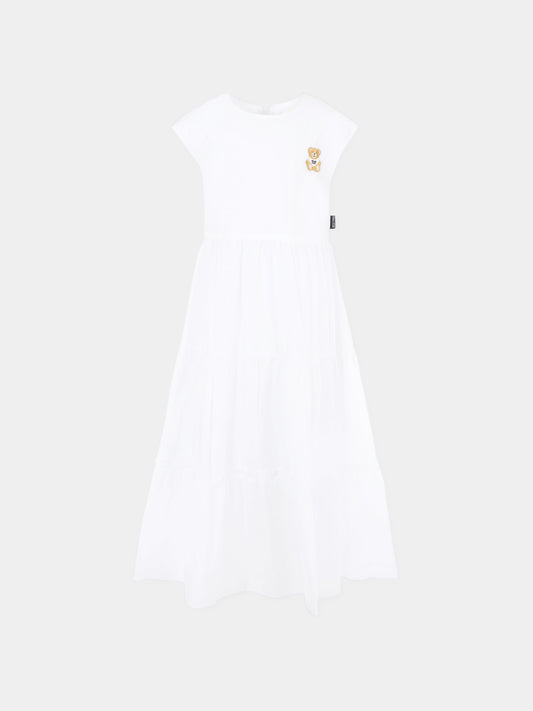 Vestito bianco per bambina con patch Teddy Bear,Moschino Kids,HAV0EF LLA12 10101