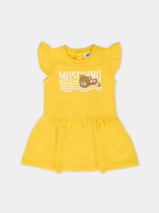 Vestito giallo per neonata con Teddy Bear,Moschino Kids,MDV0BU LBA10 50577