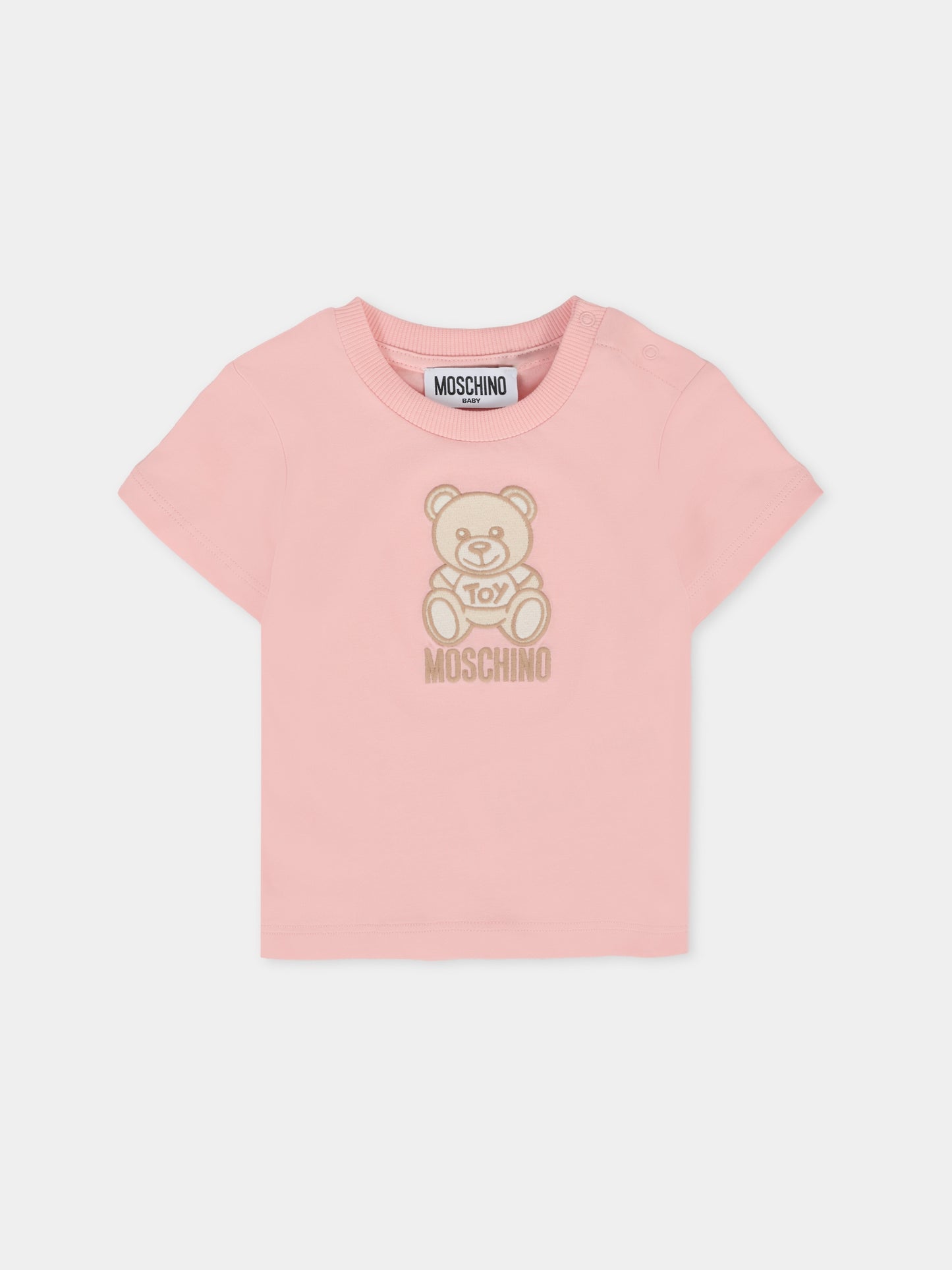 T-shirt rosa per neonata con Teddy Bear ricamato,Moschino Kids,MPM047 LAA23 50209