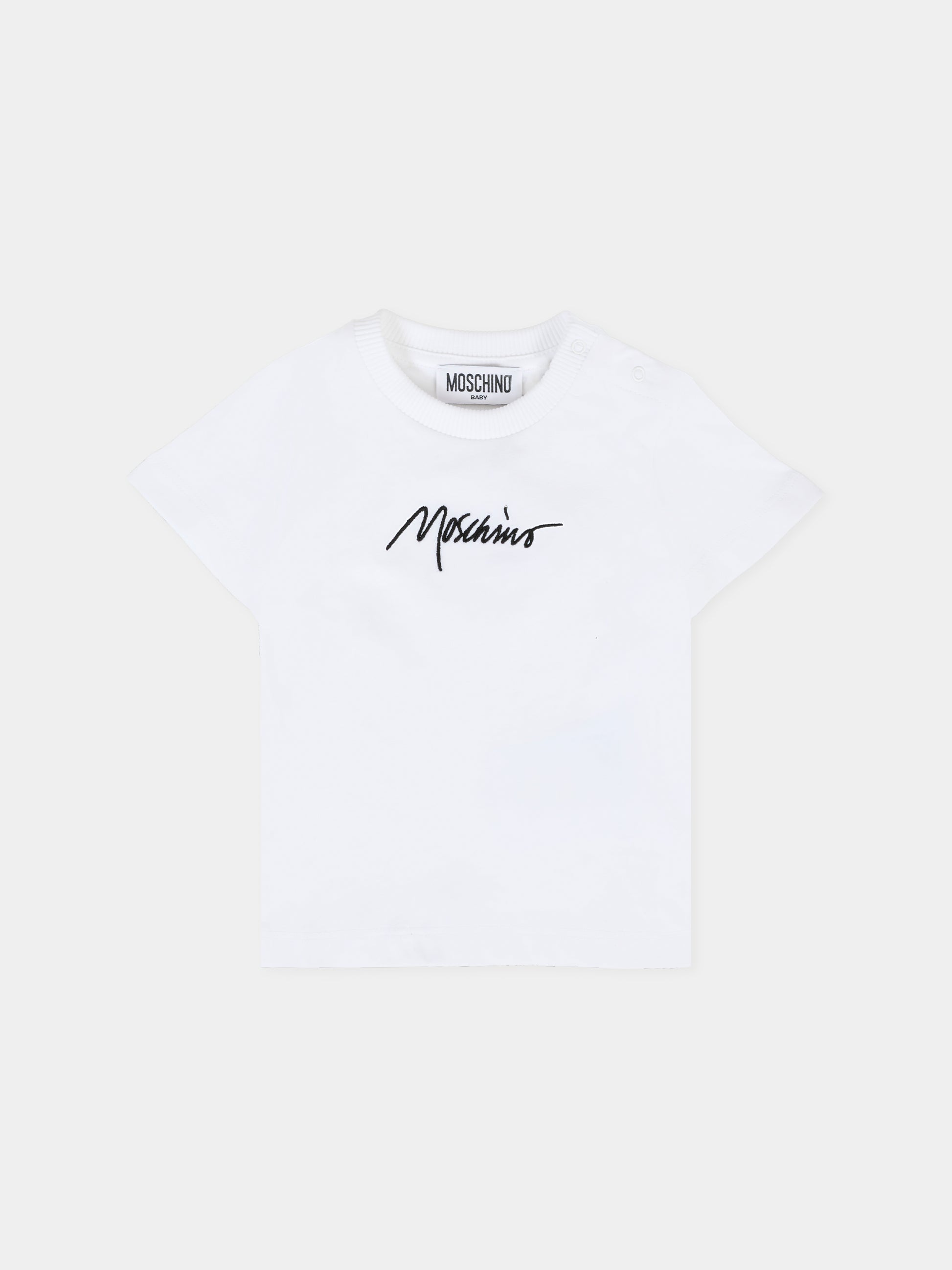 T-shirt bianca per neonata con logo ricamato,Moschino Kids,MQM047 LAA01 10101