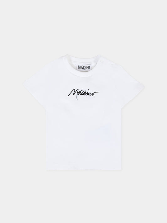 T-shirt bianca per neonata con logo ricamato,Moschino Kids,MQM047 LAA01 10101