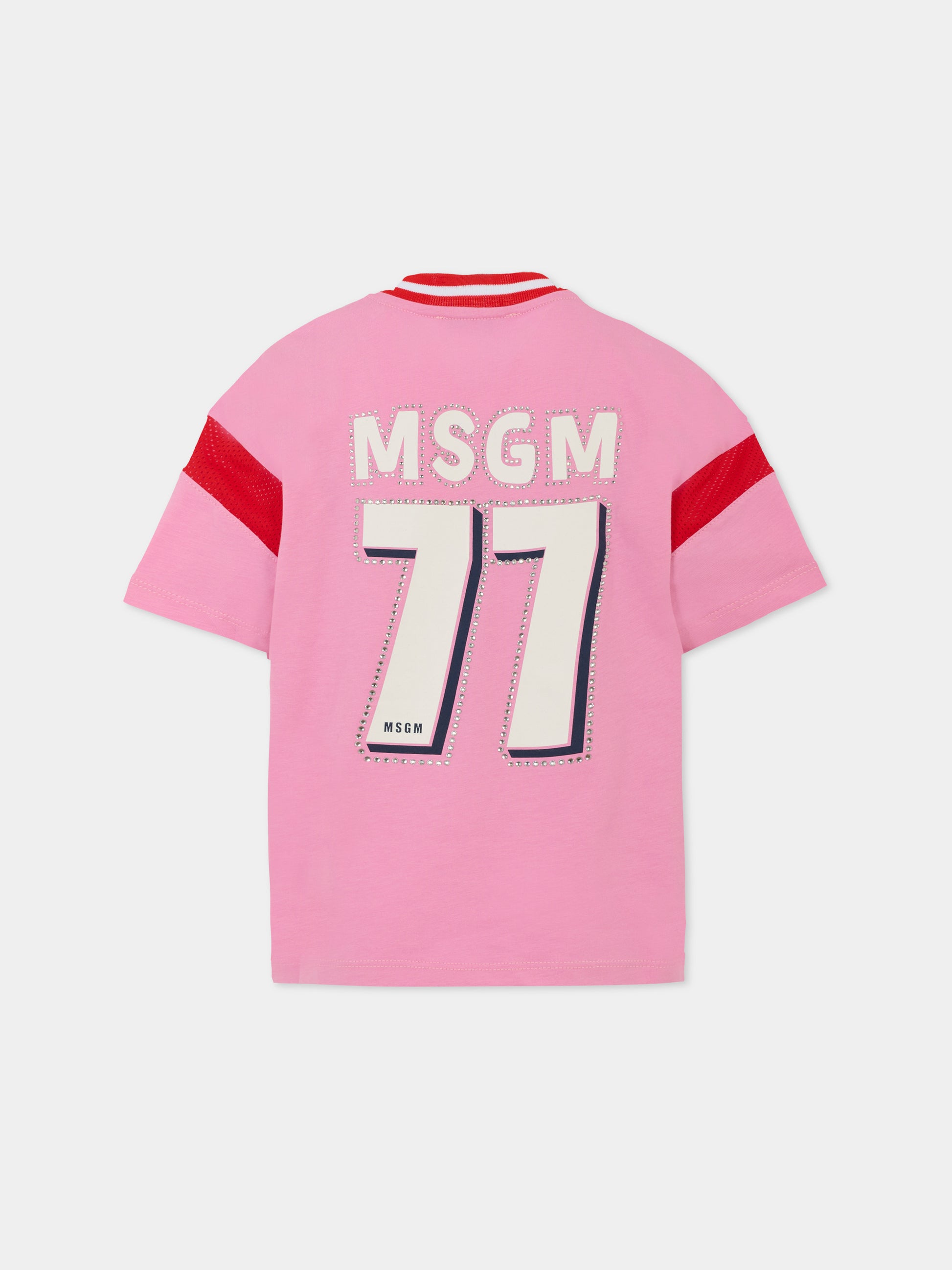 T-shirt rosa per bambina con logo e strass,Msgm Kids,S5MSJGTH252 MS003