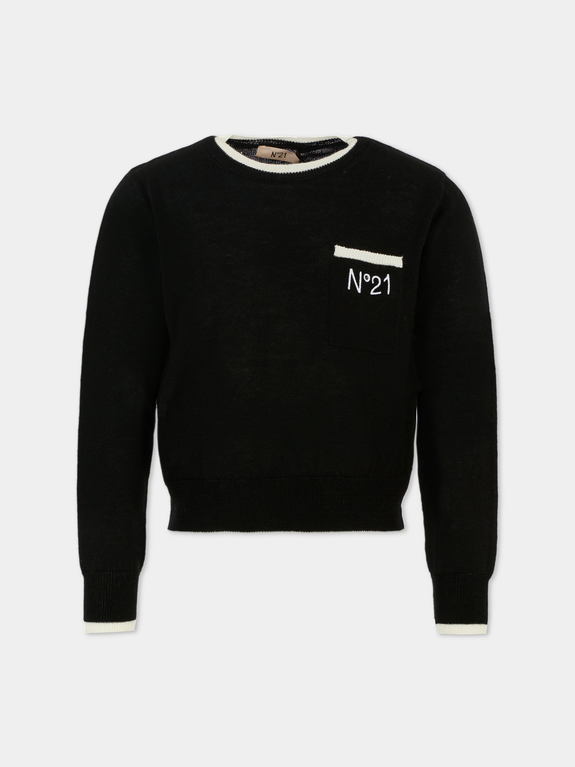 Maglione nero per bambina con logo ricamato,N°21 Kids,N2101W N0424 0N900