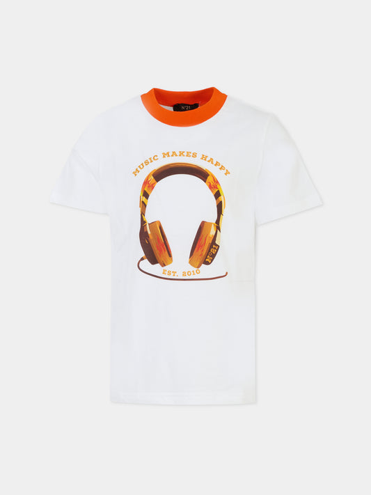 T-shirt bianca per bambino con stampa cuffie,N°21 Kids,N2103H N0199 0N100